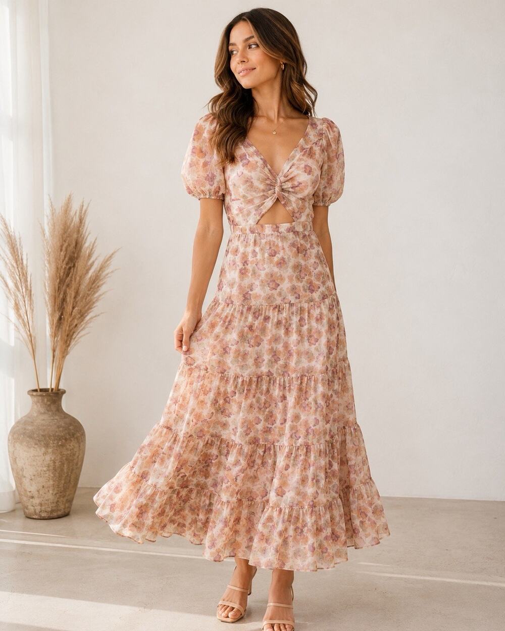 Storia Floral Midi Dress Puff Sleeve Cutout Cottagecore Romantic Size M